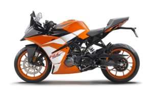 Das Bild zeigt eine KTM RC 125 in auffälligem Orange und Schwarz, ideal für Motorradliebhaber und Sportfahrer.