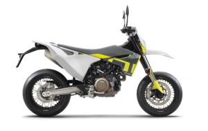 Husqvarna Motorrad in modernem Design mit gelben Akzenten und sportlichem Look, ideal für Offroad- und Straßenfahrten.