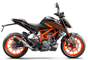 Die KTM Super Duke 125 in Schwarz und Orange steht seitlich und präsentiert ihr sportliches Design und leistungsstarke Technik.