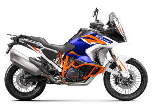 KTM 1290 Super Adventure Motorrad in auffälligem Blau und Orange, ideal für Abenteuerfahrten und Offroad-Erlebnisse.