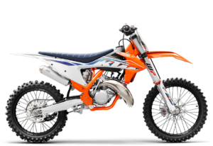 Moderne KTM Motocross-Maschine in orange und weiß, ideal für Offroad-Abenteuer und sportliche Fahrer.