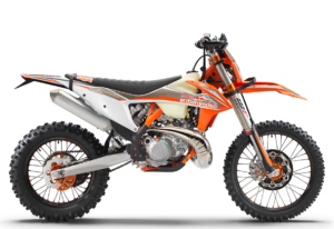 Motorrad der Marke KTM in auffälligem Orange und Weiß, ideal für Offroad-Abenteuer und den Motorsport.