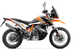 Die KTM Adventure 890, ein leistungsstarkes Motorrad für Offroad-Abenteuer, präsentiert sich in einem dynamischen Design mit orange-schwarzen Akzenten.