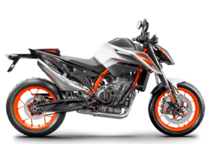 Das Bild zeigt ein modernes KTM-Motorrad mit auffälliger orange-schwarzer Farbgebung, ideal für Motorradliebhaber und -fahrer.