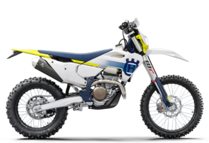 Husqvarna Enduro-Motorrad in weiß-blauer Farbgebung mit gelben Akzenten, ideal für Offroad-Abenteuer und erhältlich bei GST-Berlin GmbH.