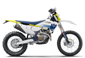 Husqvarna Enduro-Motorrad in modernem Design mit gelben und blauen Akzenten, ideal für Offroad-Abenteuer.