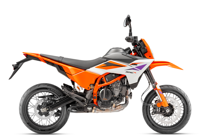 Das Bild zeigt ein KTM-Motorrad in auffälligem Orange und Schwarz, ideal für Offroad-Abenteuer und Stadtfahrten.