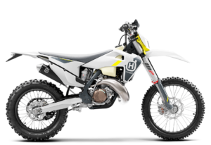 Husqvarna Enduro-Motorrad in weißer und grauer Farbgebung mit leistungsstarkem Motor und Offroad-Reifen.